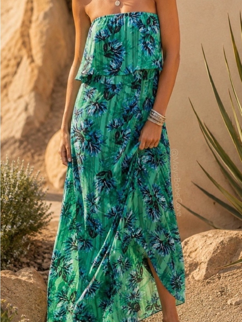 Banana Republic Green Floral Strapless Dress with Blue Accents